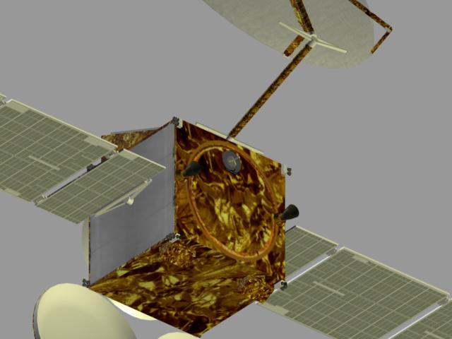 Back view of the API-110 (L7-97803/LTDRSS) prototype satellite bus.
The main UDMH/N204 thrusters are present, which are responsible for lunar orbit in