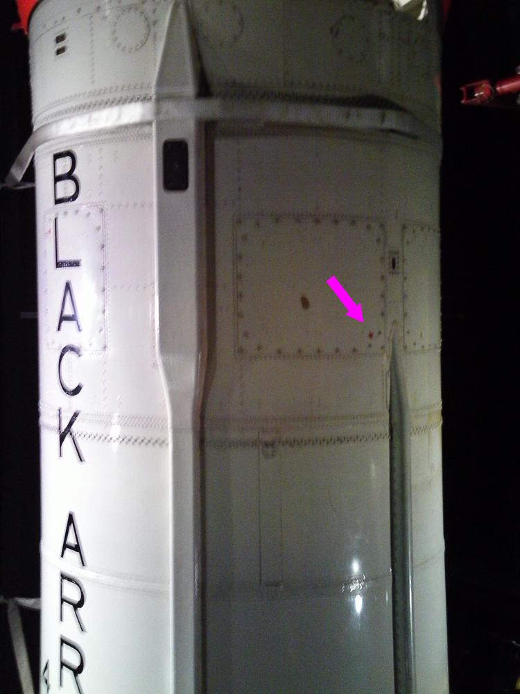 Black Arrow rocket at the London Science Museum, detail highlighted.