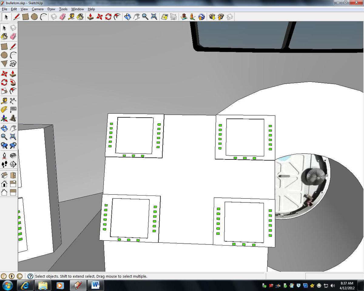 Bullet CM. View from the pilot's seat of the main instrument panel, forward docking tunnel, and a part of the window.