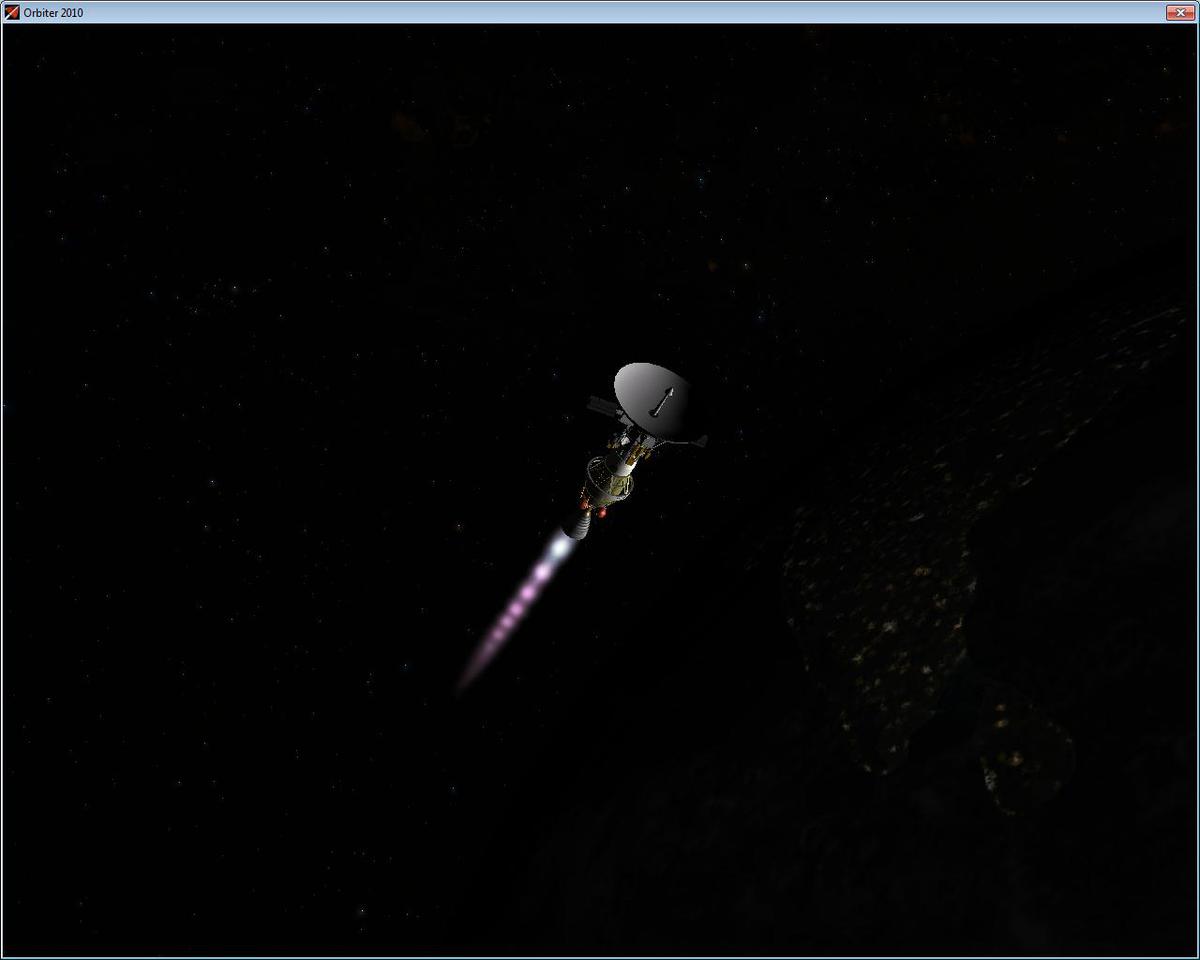 Departure burn of the IFP Navigator probe atop the Delta II second stage used as teh third, "kick" stage of the ETS Themis-Sirius launch vehicle.