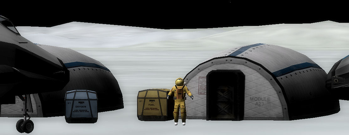 Engineer Reg Barkley unpacking supplies outside alpha module.