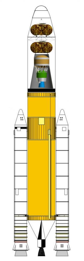 Launch configuration for a Jupiter 141-D launch vehicle with two Lunar Tracking and Data Relay Satellites mounted on top of a Delta-IV upper stage; th