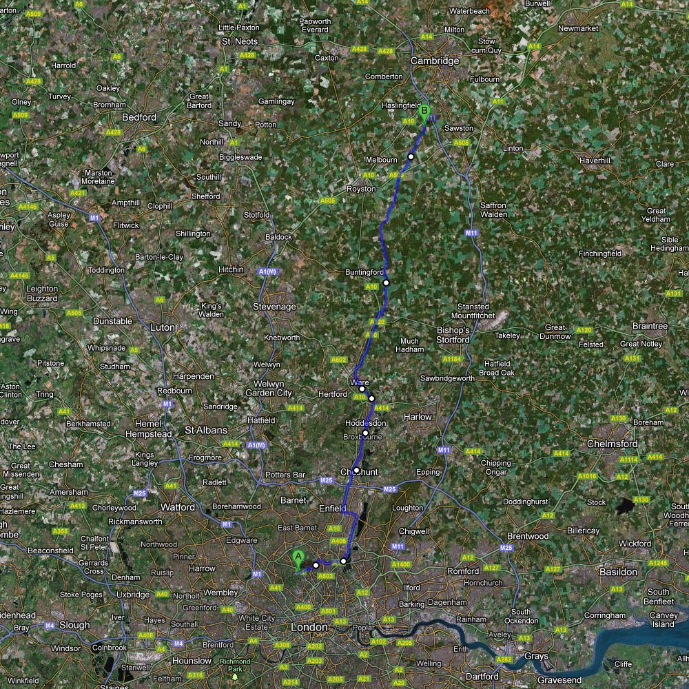 London to Cambridge (nearly...) and back on May 20. About 160km roundtrip.