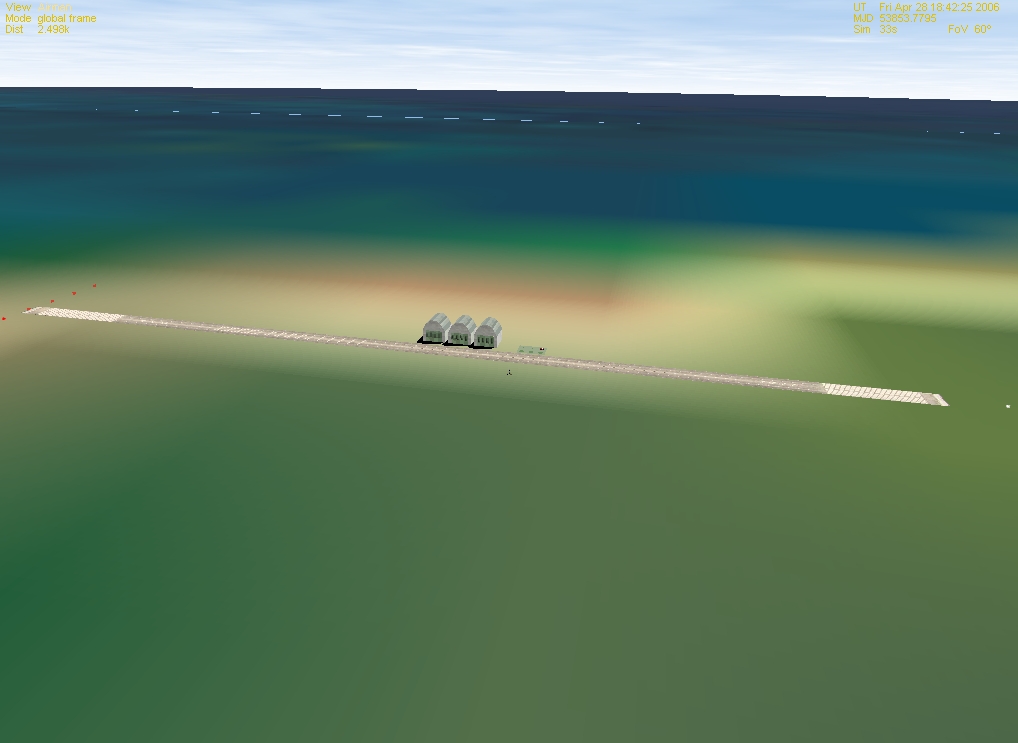 Slightly zoomed out view, showing the three hangars. Scaled up from their real life counterparts. The real life strip is actually surrounded by wooded