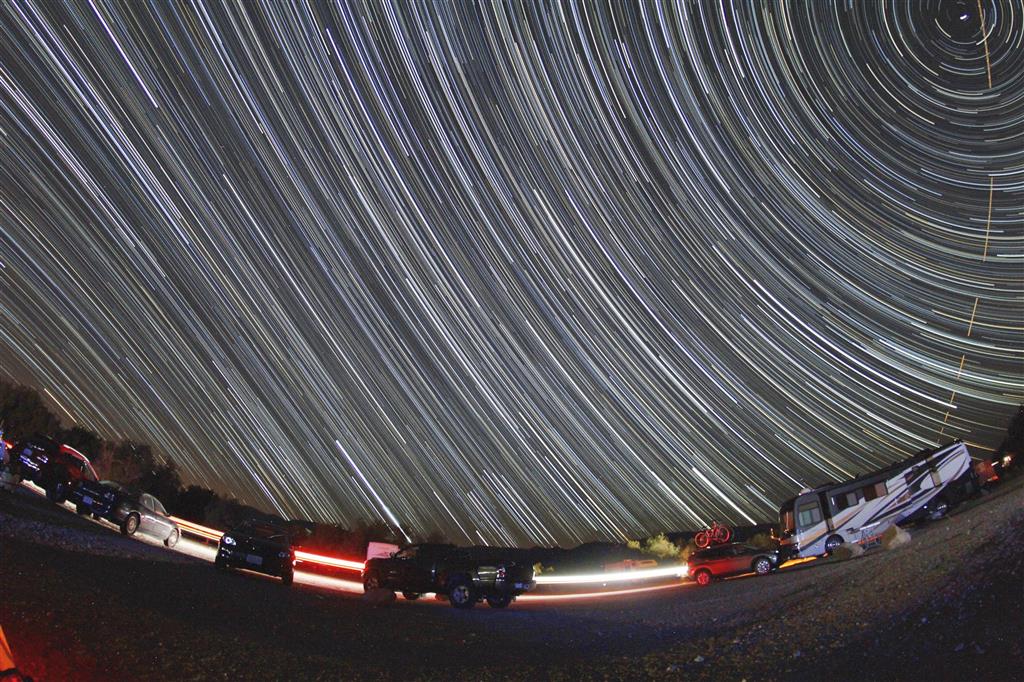 Startrails in Death Valley California USA. in winter 2013 point toward the celestial equatorial. Nearly 4 hours of twinkle time.