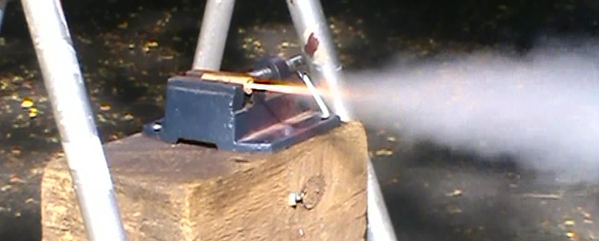 The AESD's first hot fire test. The A3-4T solid rocket engine during Hot Fire Test 1.