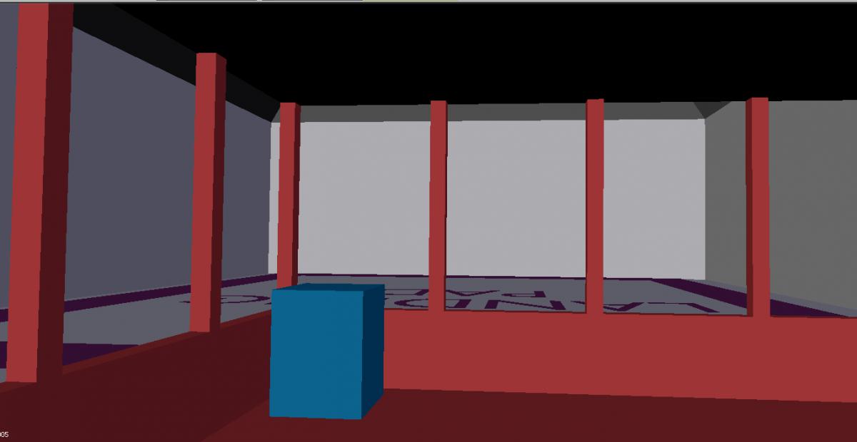 UCGOhangar - View from control room, with control pillar in blue